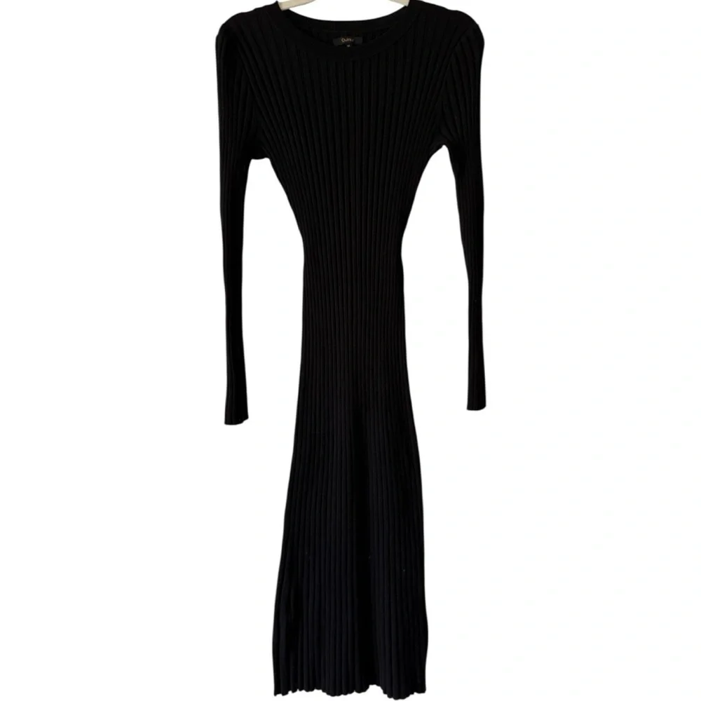 Quince Cotton Cashmere Black Ribbed Long Sleeve MIDI Dress - Picture 3 of 6